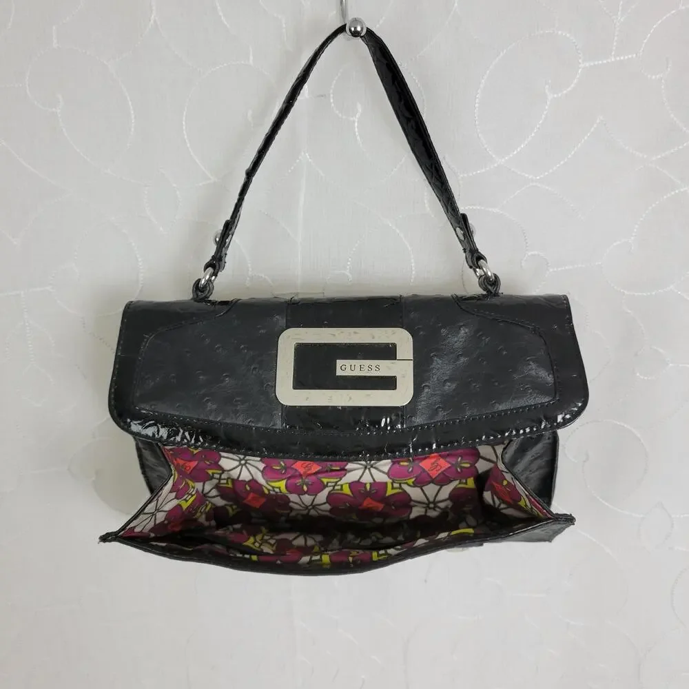 Guess Womens Shoulder Bag Black Ostrich Embossed Faux Leather Accordion Clutch